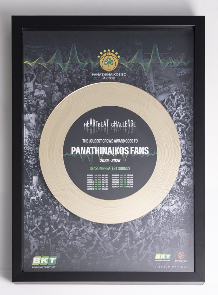 Premio BKT Heartbeat Challenge 2025-2026 realizzato da Doroplatino: disco con finitura oro in cornice nera, assegnato ai tifosi del Panathinaikos