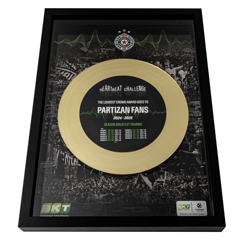 Premio BKT Heartbeat Challenge 2024-2025 realizzato da Doroplatino: disco con finitura oro in cornice nera, assegnato ai tifosi del Partizan
